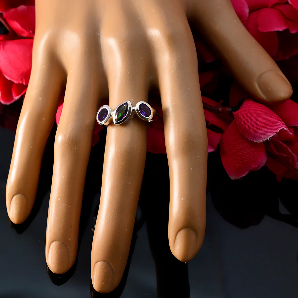 Multi Stone Trilogy Moroccan Sterling Silver multicolor Gemstones Minimal Artisan Ring Jewellery - Image 5