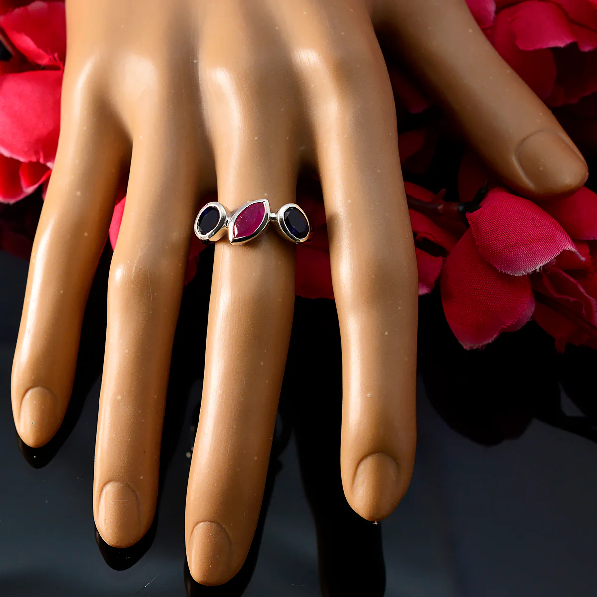 Multi Stone Trilogy Russian Silver multicolor Gemstone Minimal Boho Ring Jewelry - Image 5