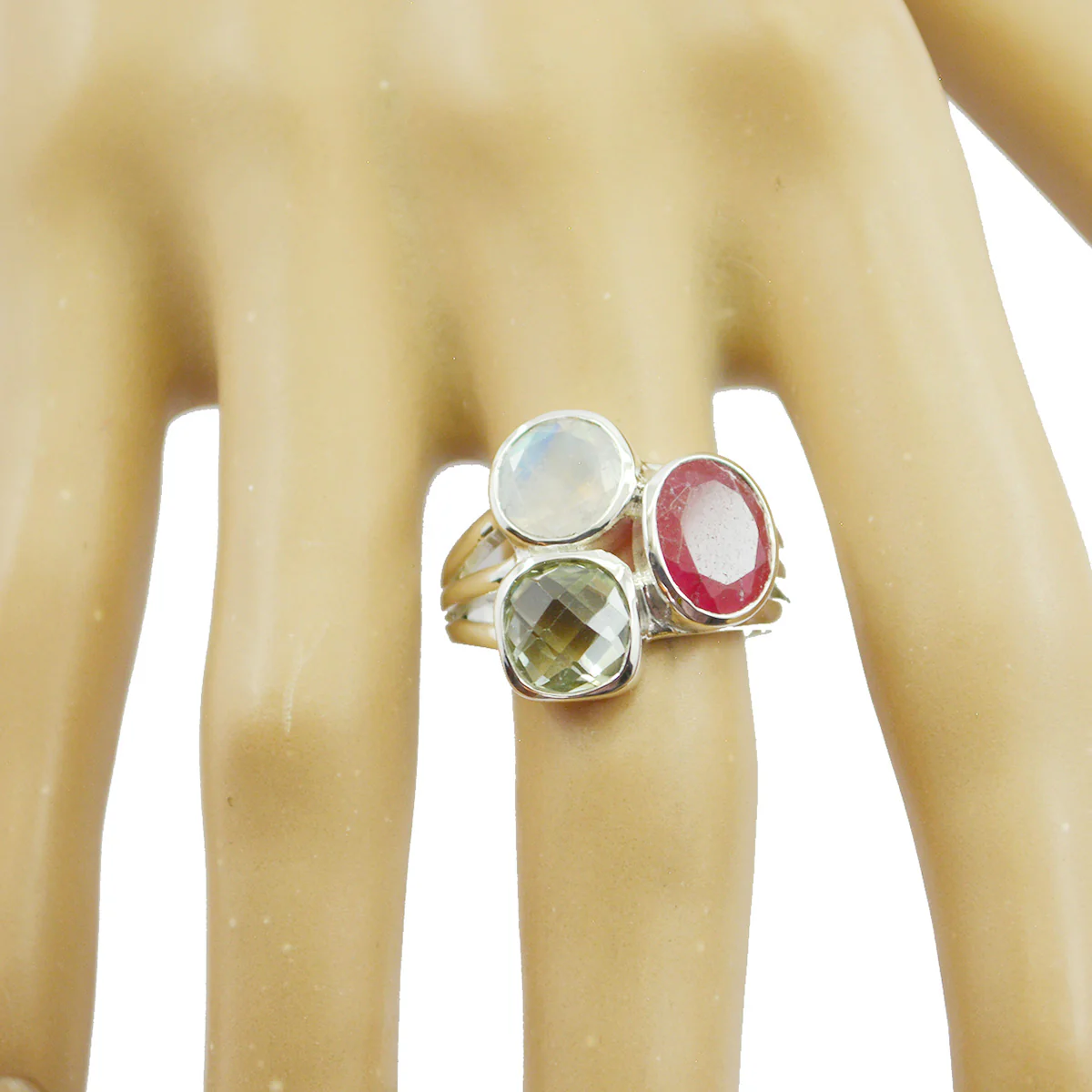 Multi Stone Trilogy Russian Silver multicolor Gemstones Mid-weight Cocktail Ring Jewelry - Image 2