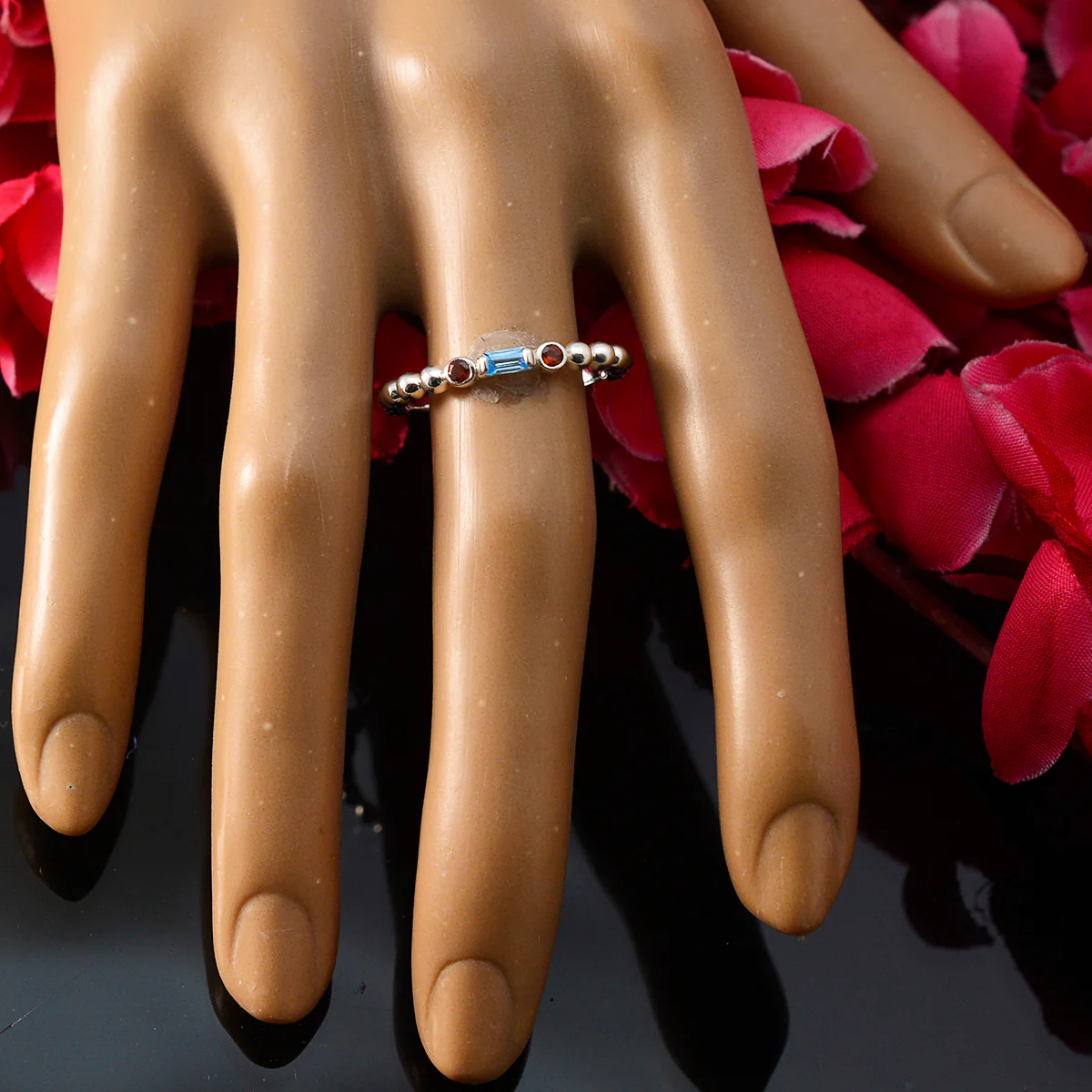 Multi Stone Trilogy Turkish Sterling Silver multicolor Gems Delicate Abstract Ring Jewelry - Image 5