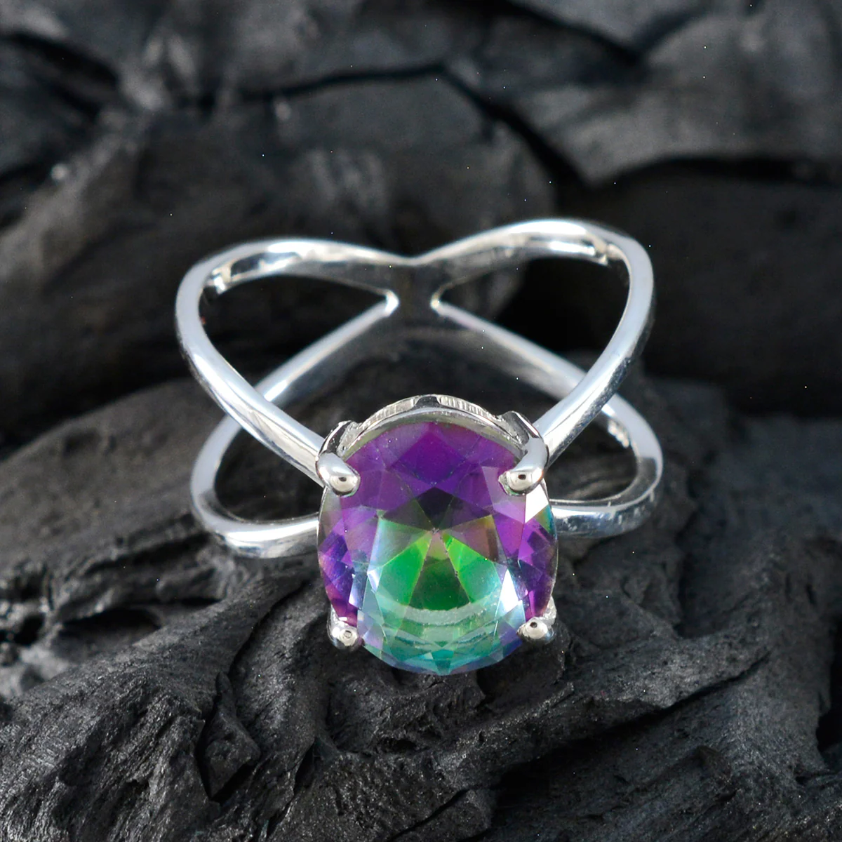 Mystic Quartz Solitaire African Silver multicolor Gemstones Tiny Boho Ring Jewelry - Image 4