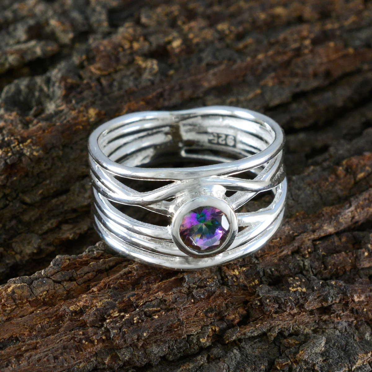 Mystic Quartz Solitaire Mexican Silver multicolor Gemstones Eye-catching Rope-Wire Band Jewellery - Image 3
