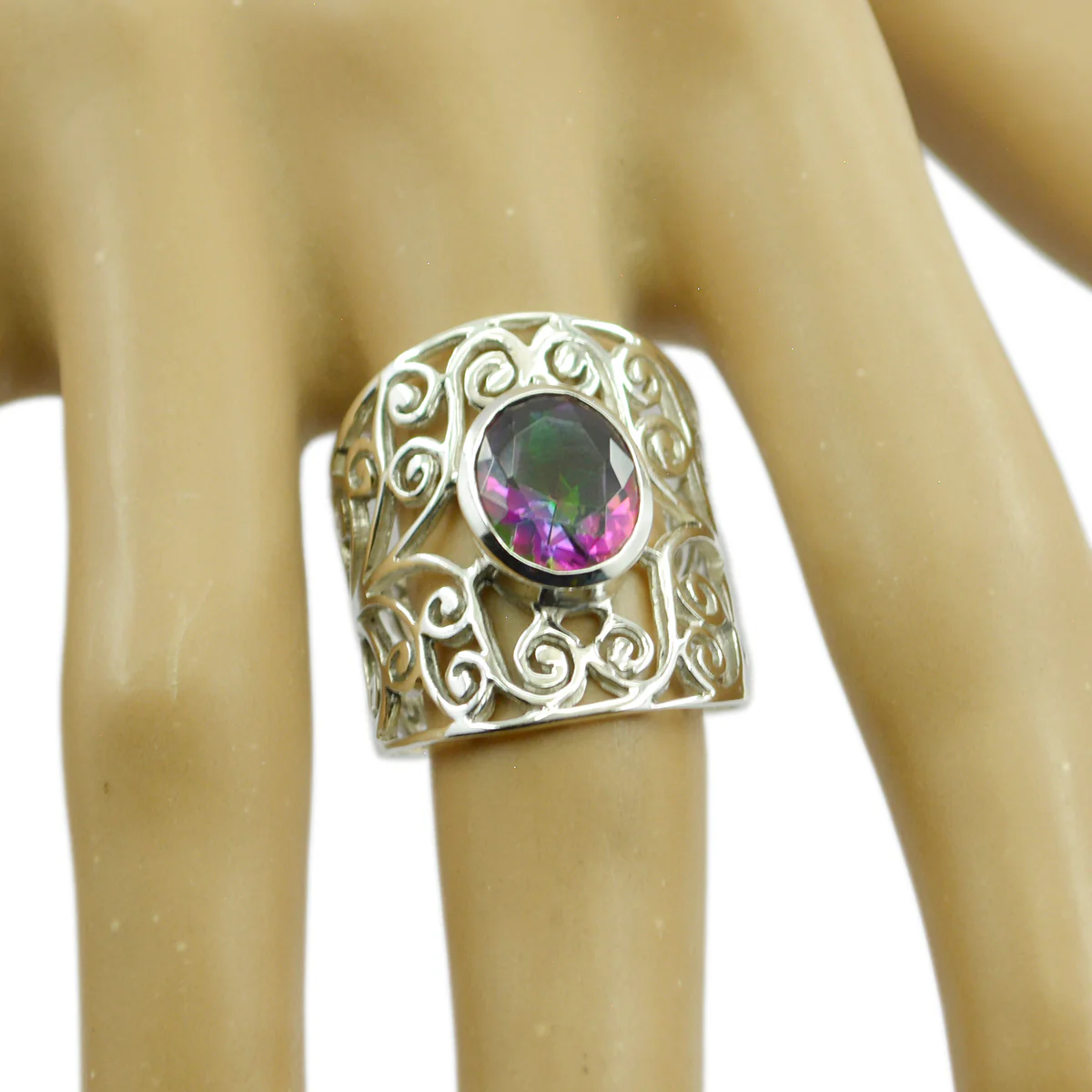 Mystic Quartz Solitaire Middle Eastern 925 Silver multicolor Gems Eye-catching Filigree Ring Jewelry - Image 2
