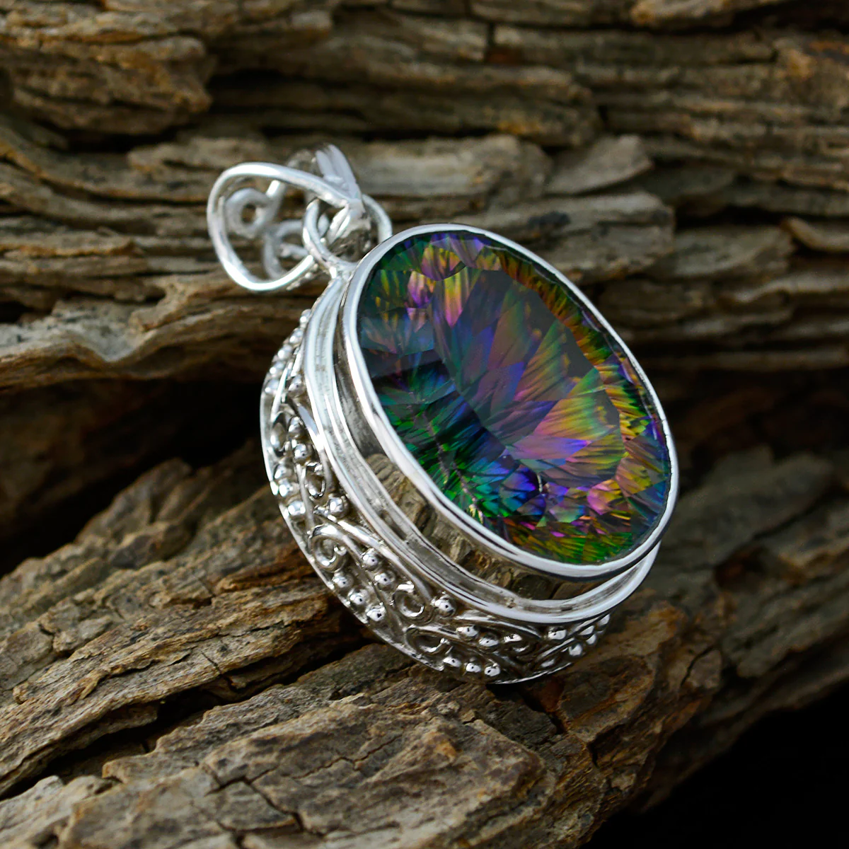 Mystic Quartz Statement Egyptian Silver Solitaire Inès Ethnic multicolor Pendant Jewelry - Image 2