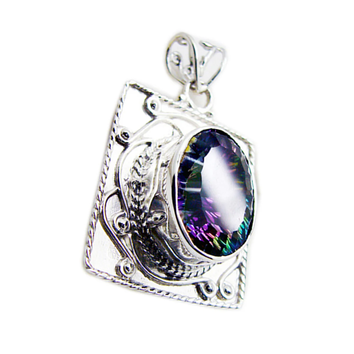 Mystic Quartz Statement Mexican Silver Solitaire María Rope-Wire multicolor Pendant Jewelry - Image 3