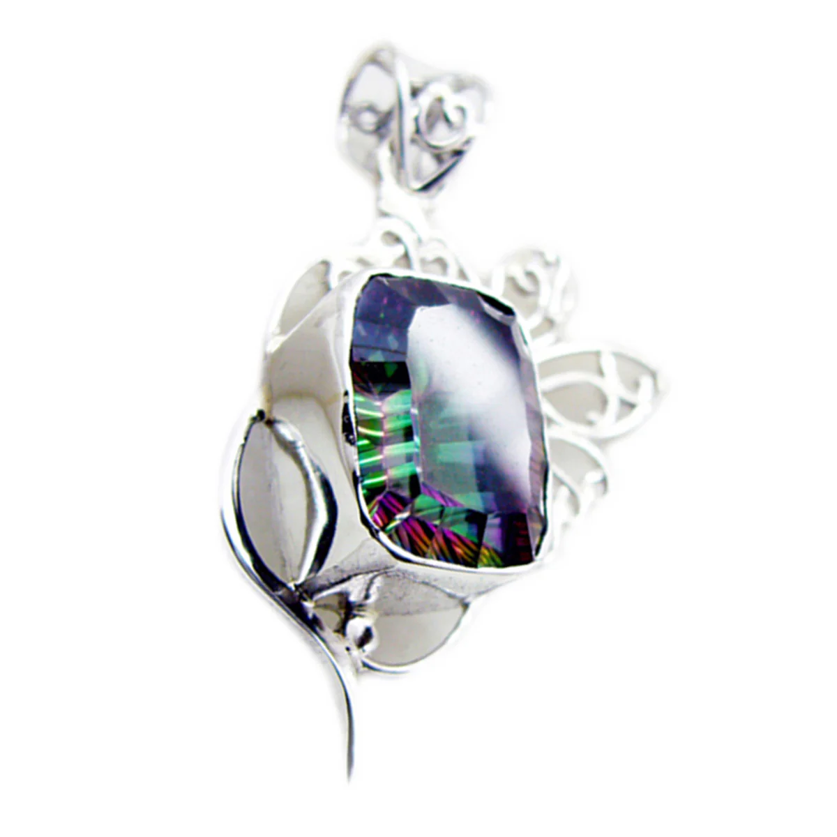 Mystic Quartz Statement Russian Sterling Silver Solitaire Isla Rope-Wire multicolor Pendant Jewellery - Image 3