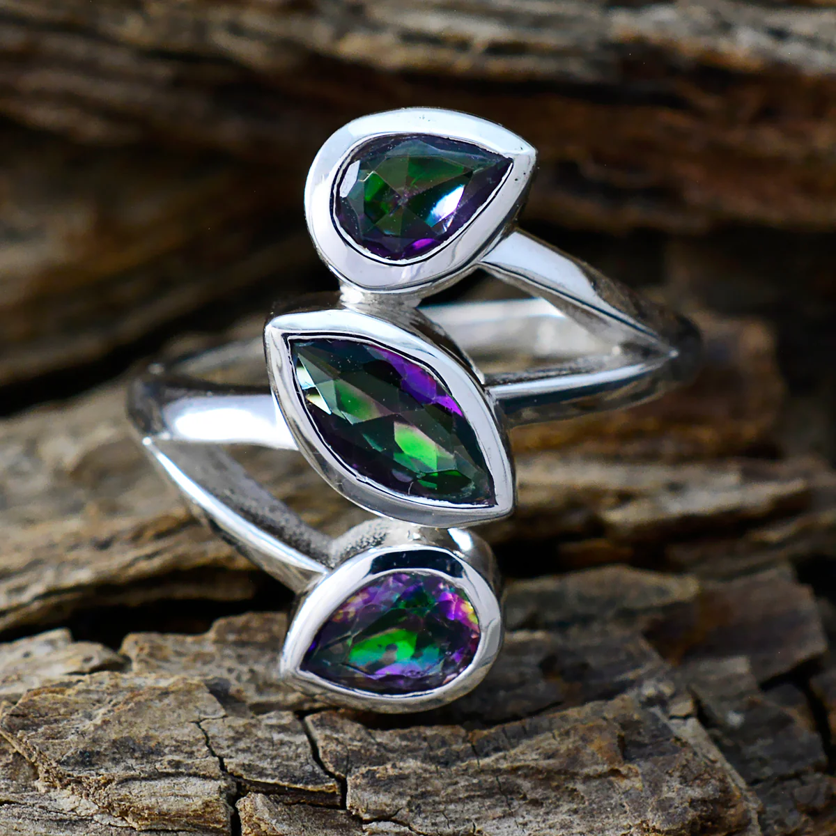 Mystic Quartz Trilogy Russian Sterling Silver multicolor Gemstone Mid-weight Signet Ring Jewelry - Image 3