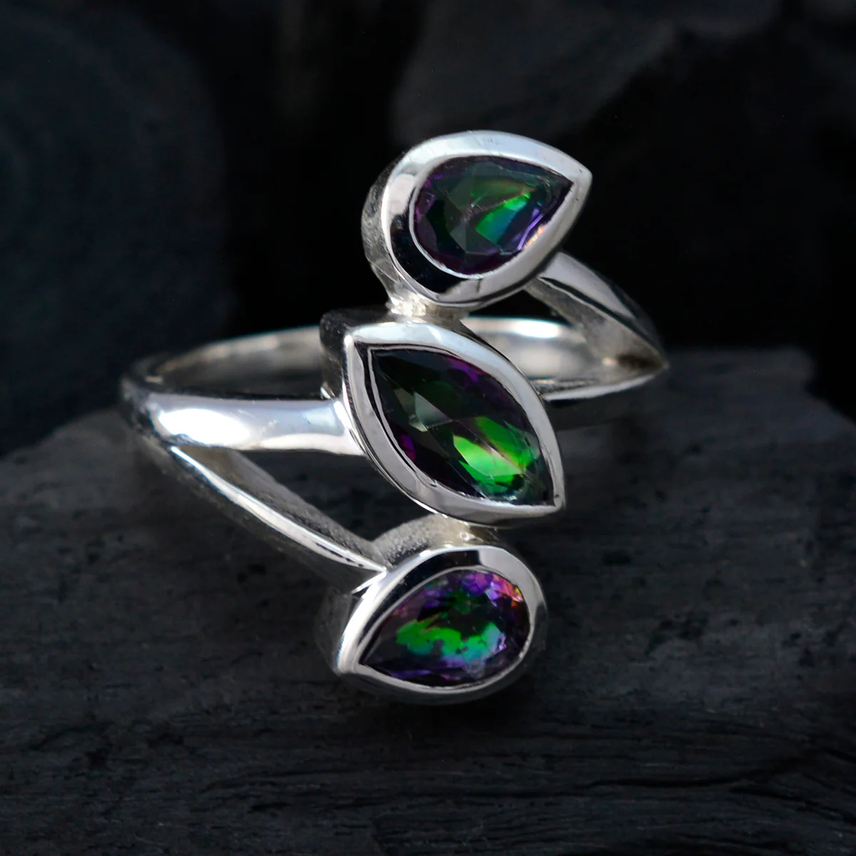 Mystic Quartz Trilogy Russian Sterling Silver multicolor Gemstone Mid-weight Signet Ring Jewelry - Image 4