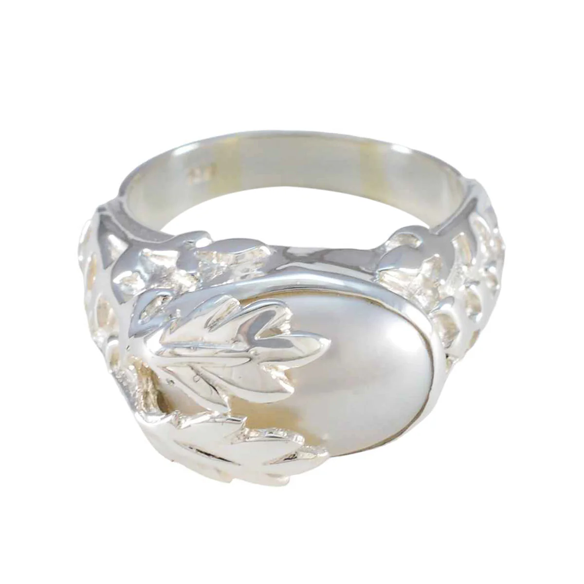 Pearl Solitaire Egyptian 92.5 Silver White Gemstones Essential Leafy Ring Jewellery