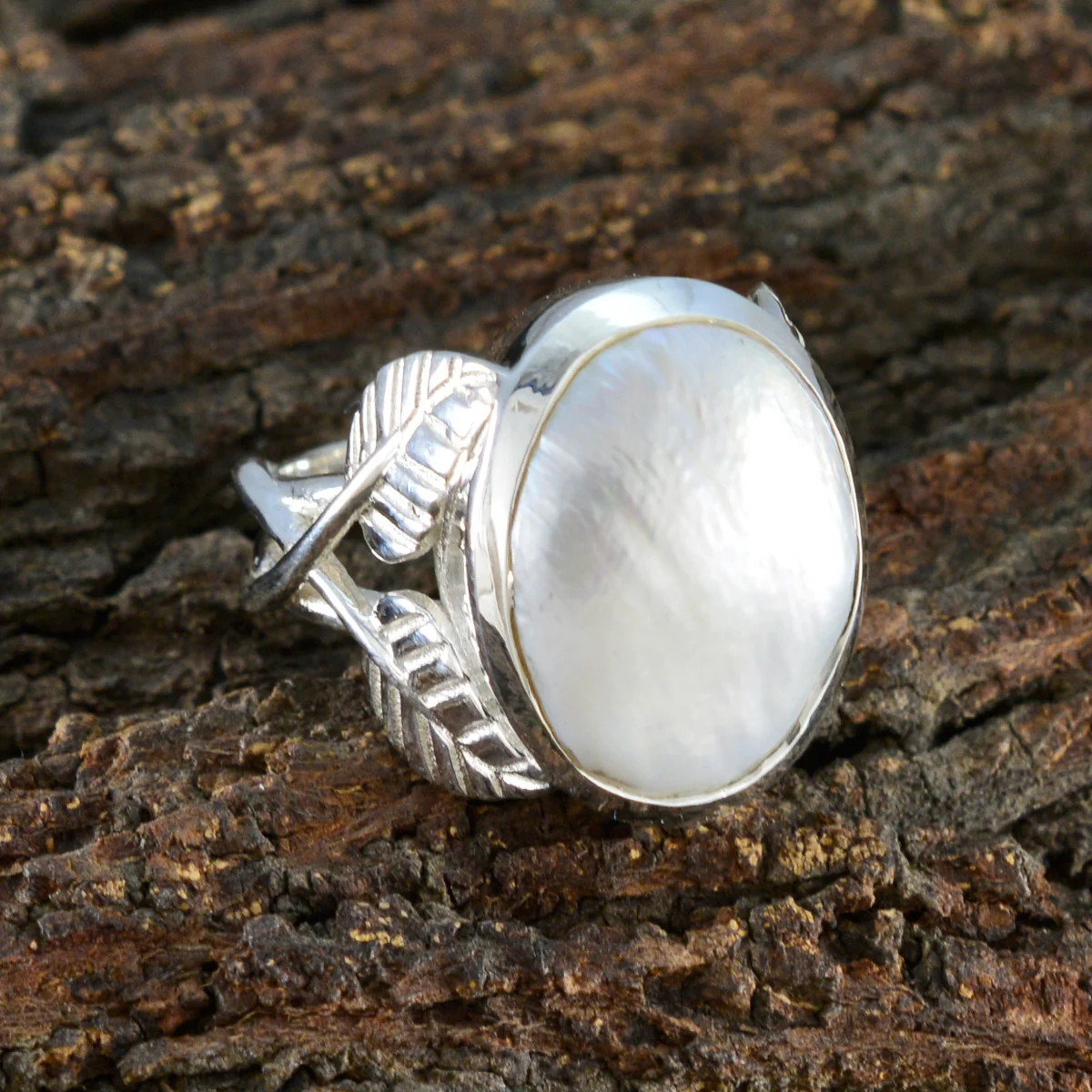 Pearl Solitaire Italian 925 Silver White Gems Statement Leafy Ring Jewellery - Image 3