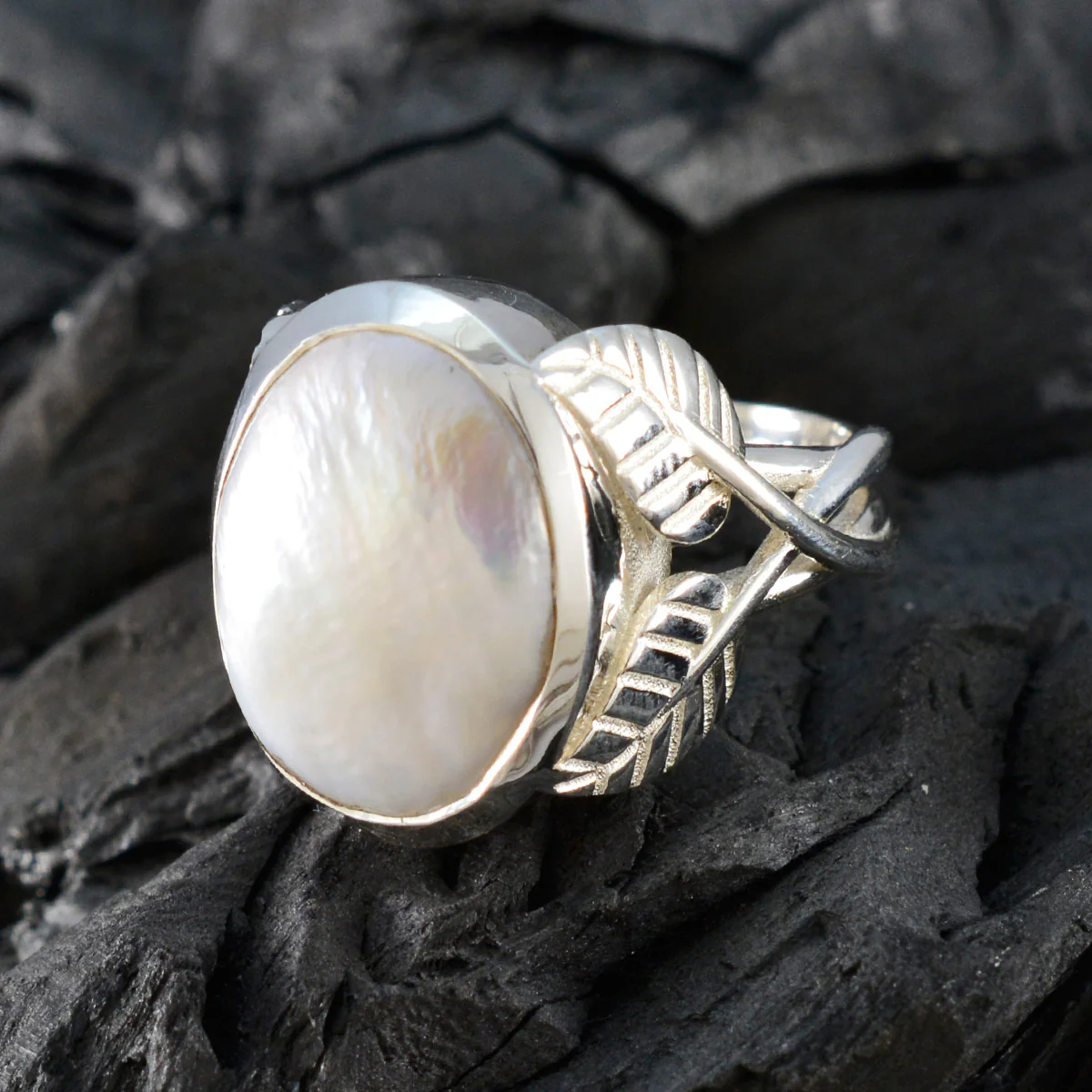 Pearl Solitaire Italian 925 Silver White Gems Statement Leafy Ring Jewellery - Image 4