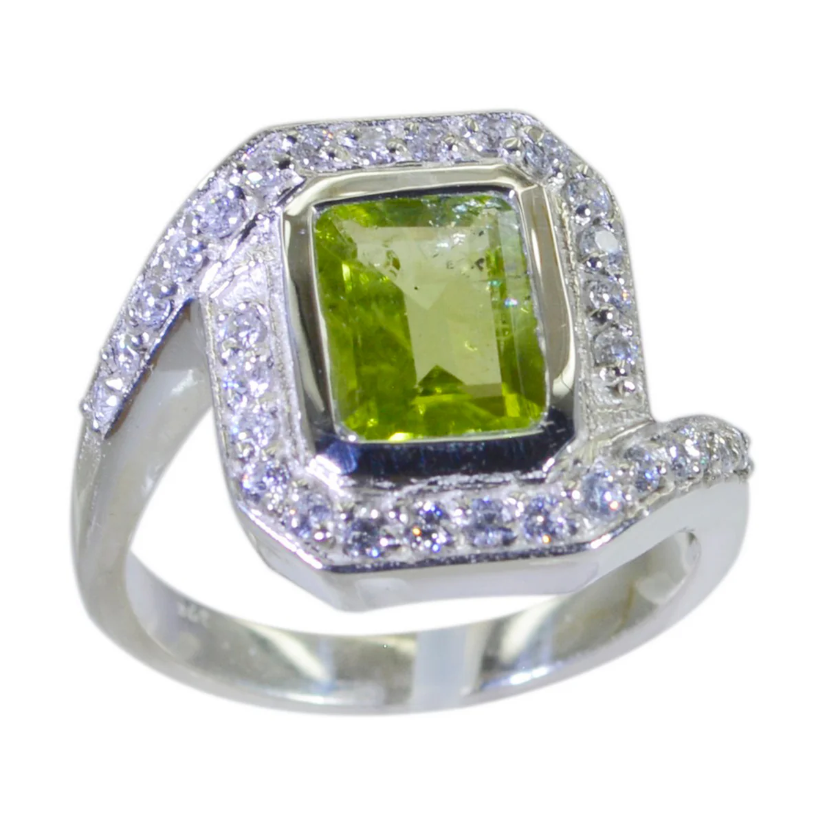 Peridot Halo French Silver Green Gemstone Eye-catching Contemporary Ring Jewelry