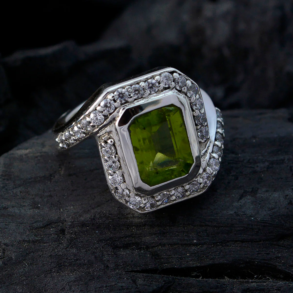 Peridot Halo French Silver Green Gemstone Eye-catching Contemporary Ring Jewelry - Image 5
