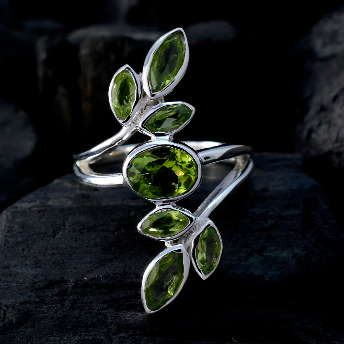 Peridot Hepta Moroccan Sterling Silver Green Gemstones Classic Leafy Ring Jewellery - Image 4