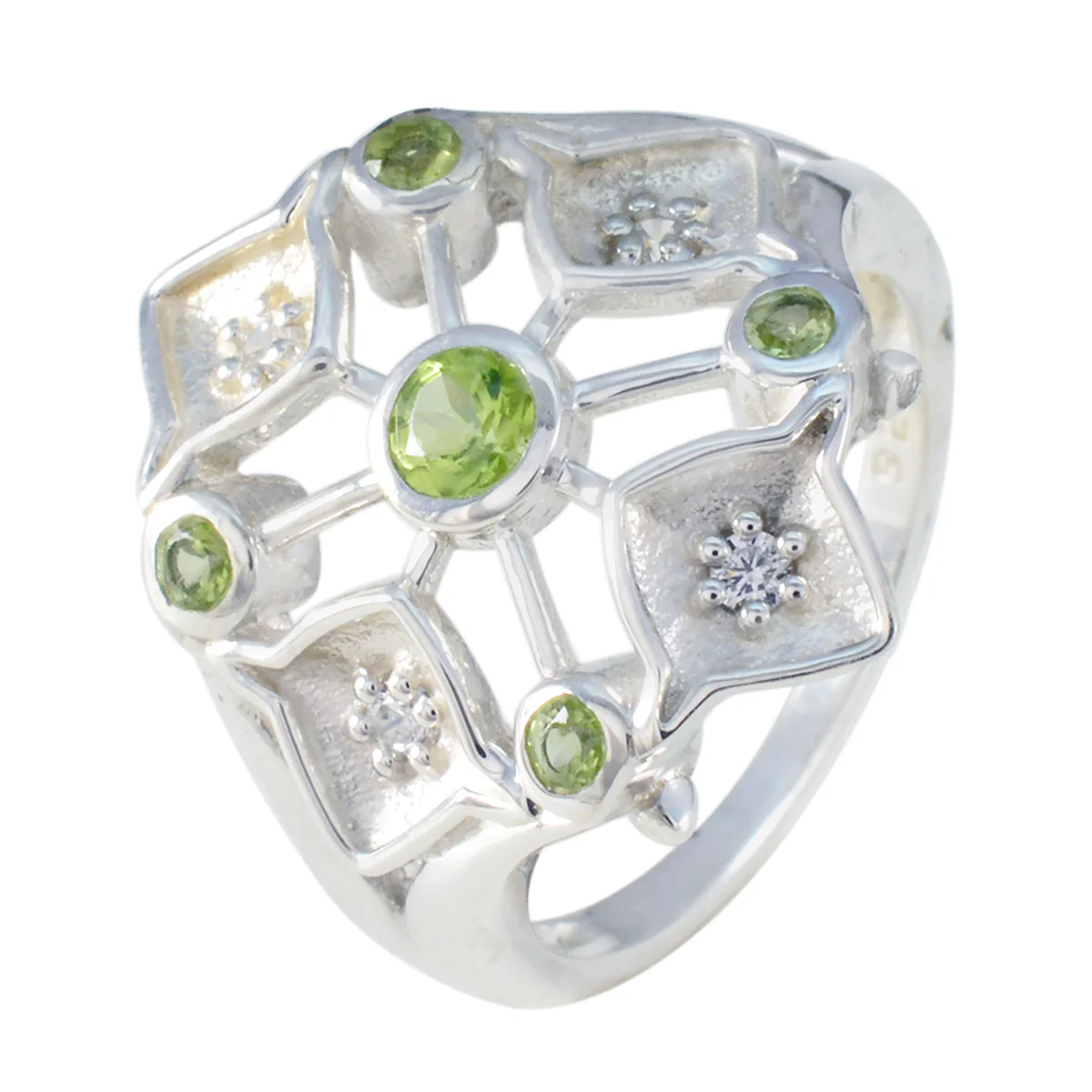Peridot Penta Indian 92.5 Silver Green Gemstones Eye-catching Abstract Ring Jewelry - Image 2