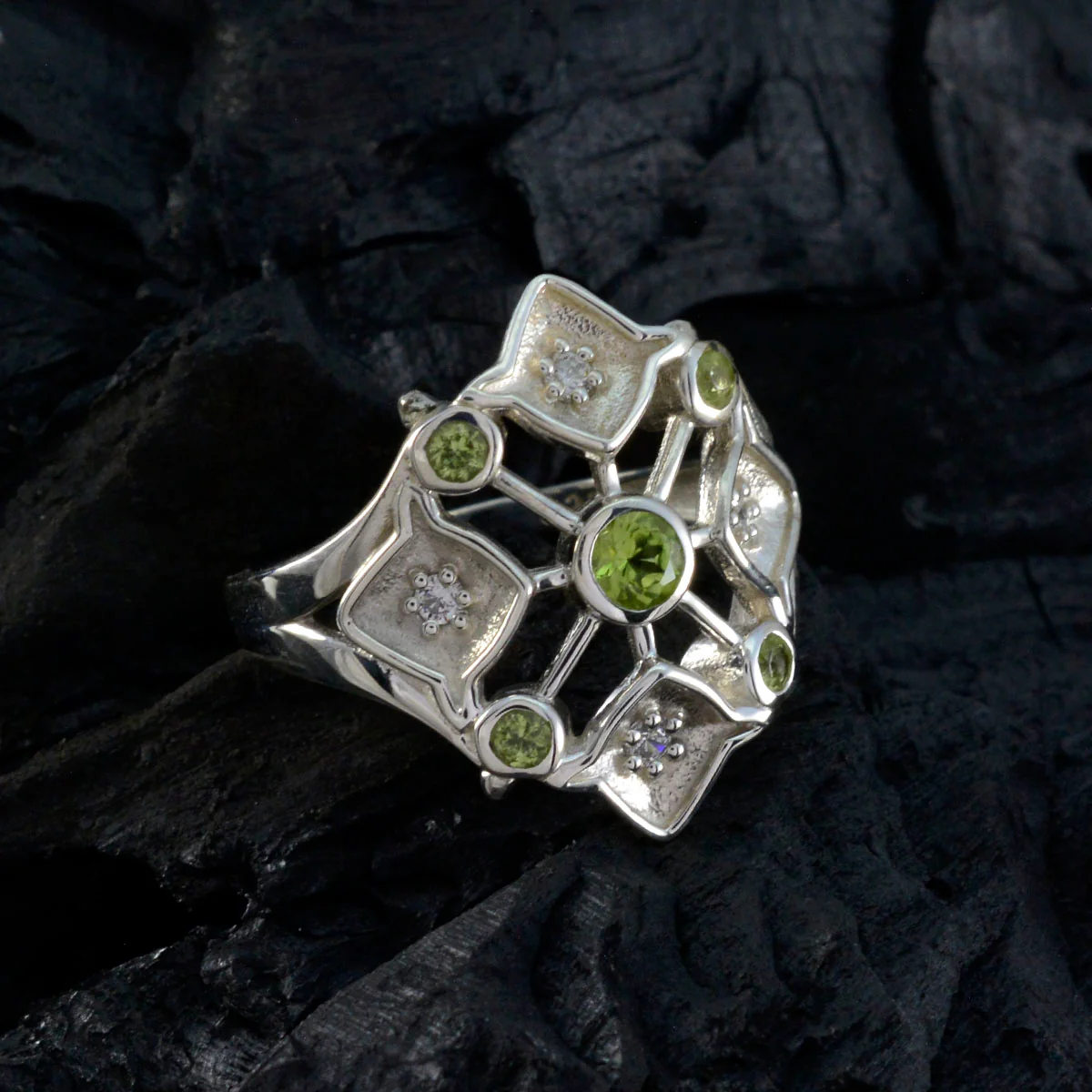 Peridot Penta Indian 92.5 Silver Green Gemstones Eye-catching Abstract Ring Jewelry - Image 4