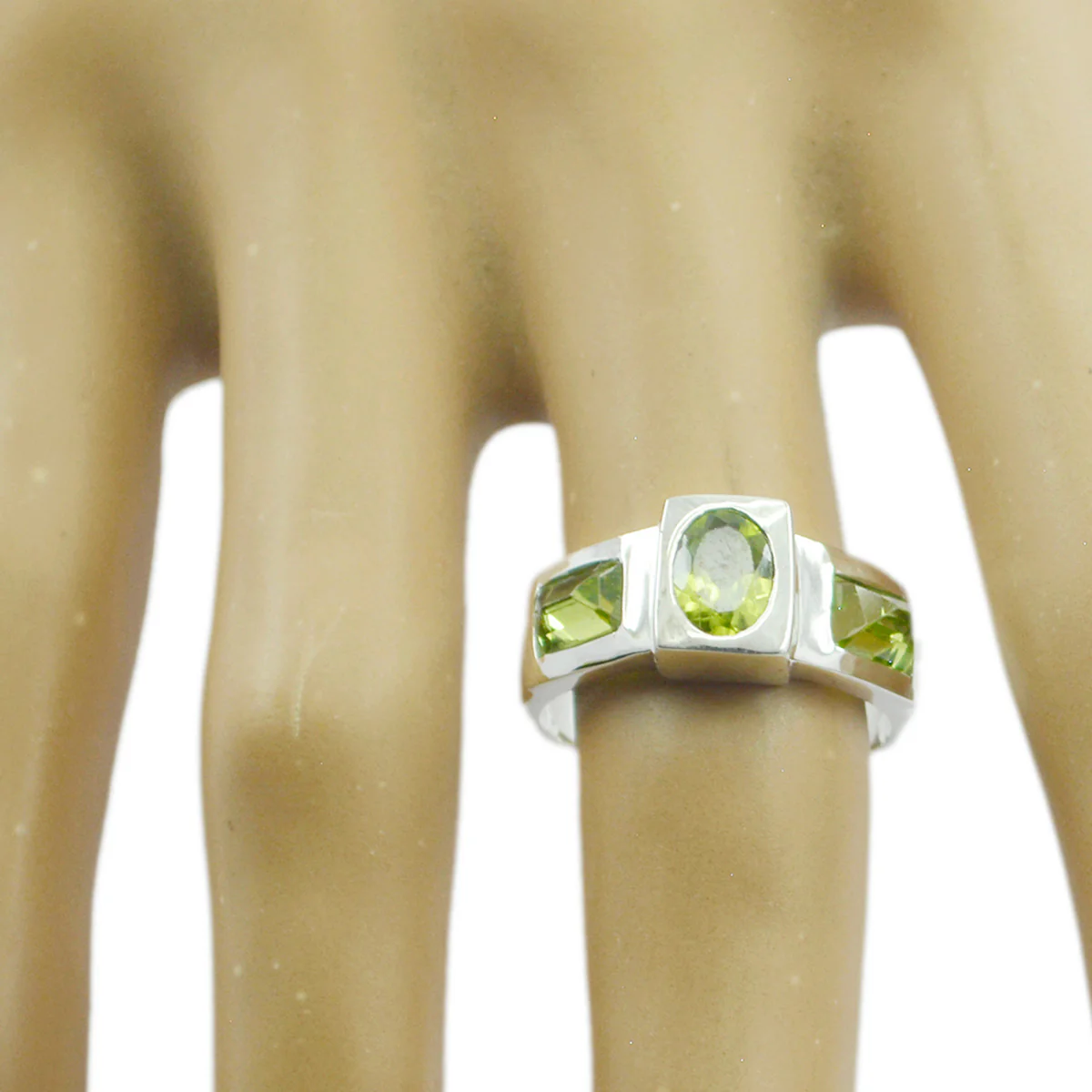 Peridot Trilogy German Sterling Silver Green Gems Tiny Feminine Ring Jewelry - Image 2