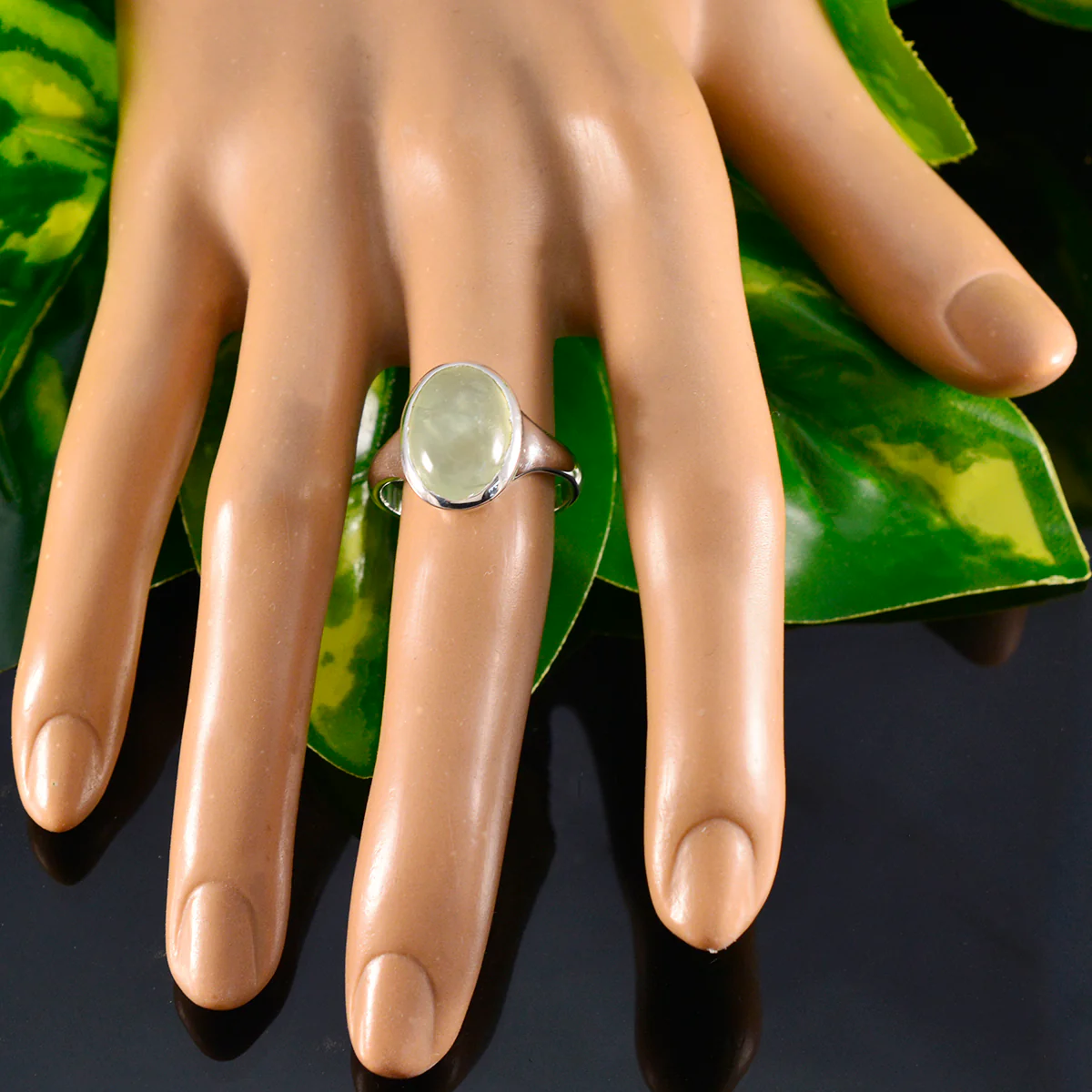 Prehnite Solitaire German Silver Green Gemstone Minimal Trendy Ring Jewellery - Image 5