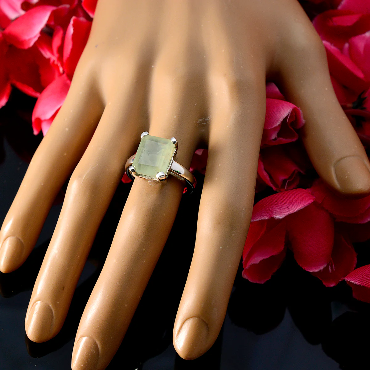 Prehnite Solitaire Russian 925 Silver Green Gemstones Mid-weight Artisan Ring Jewelry - Image 5