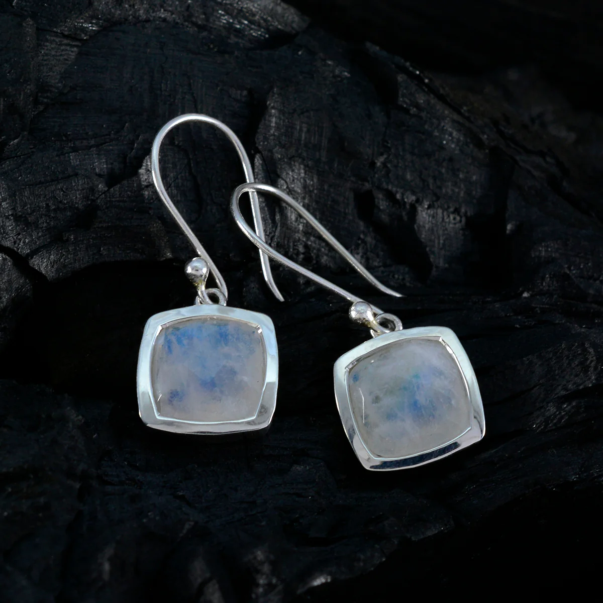 Rainbow Moonstone African Teresa Solitaire Dangle White 92.5 Silver Earring - Image 2