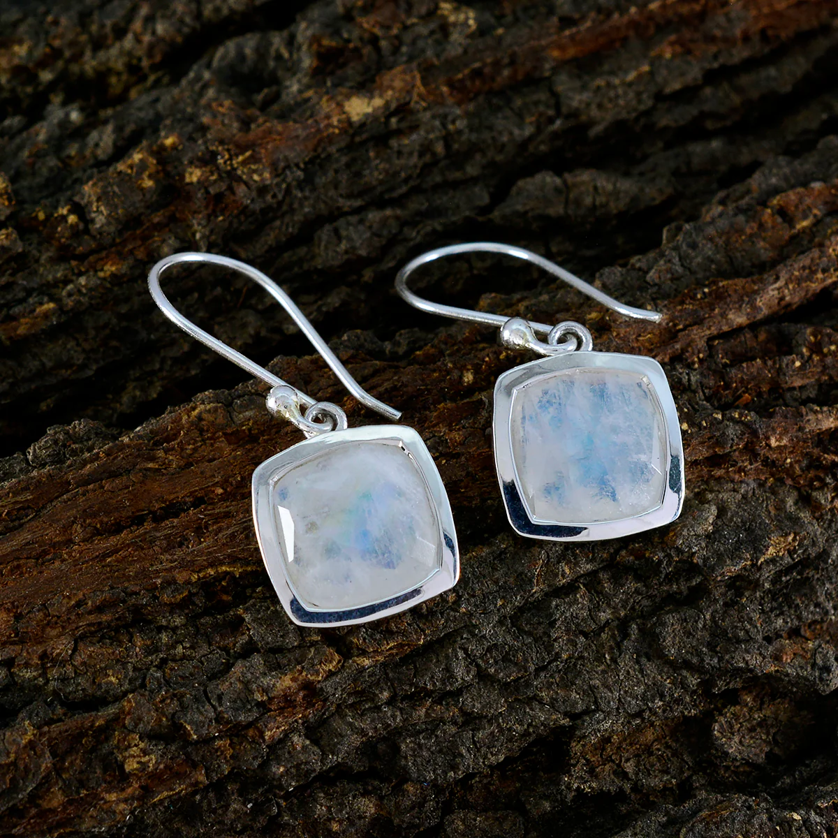 Rainbow Moonstone African Teresa Solitaire Dangle White 92.5 Silver Earring - Image 3