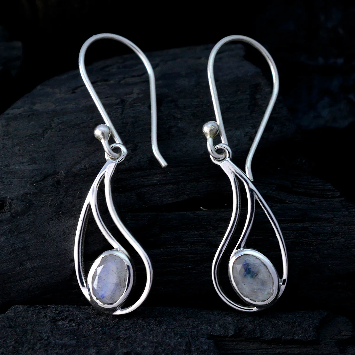 Rainbow Moonstone American Abigail Solitaire Dangle White Silver Earring - Image 2