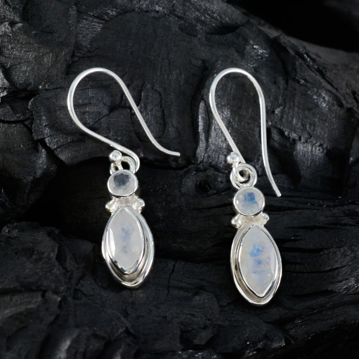 Rainbow Moonstone Egyptian Bianca Toi et Moi Dangle White Silver Earring - Image 2
