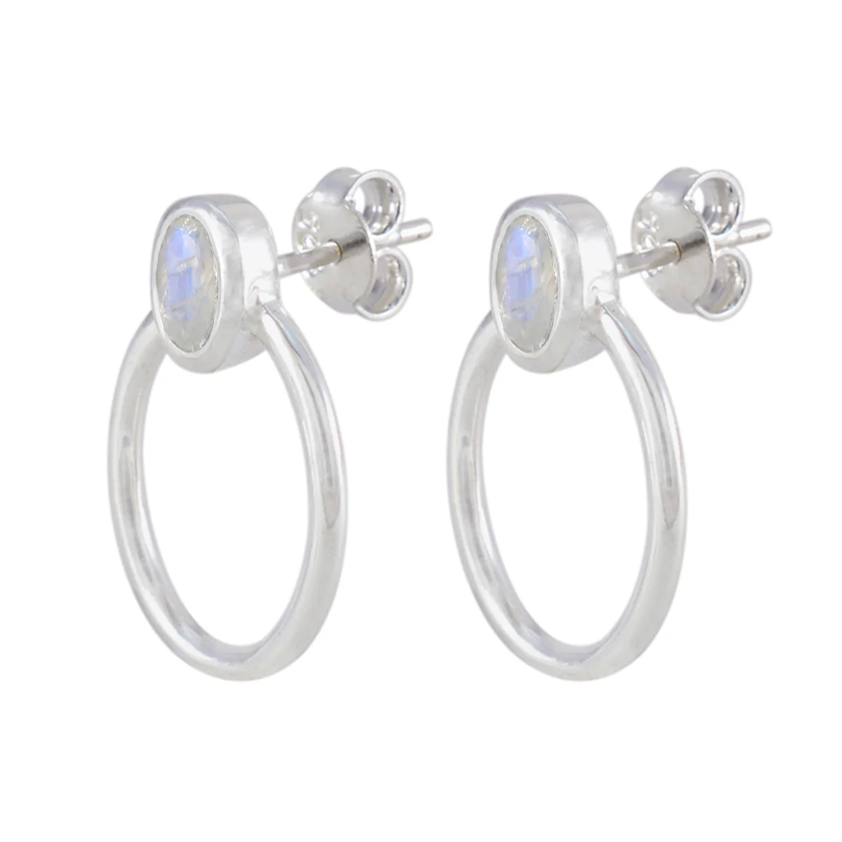 Rainbow Moonstone Egyptian Sofia Solitaire Stud White Silver Earring - Image 2