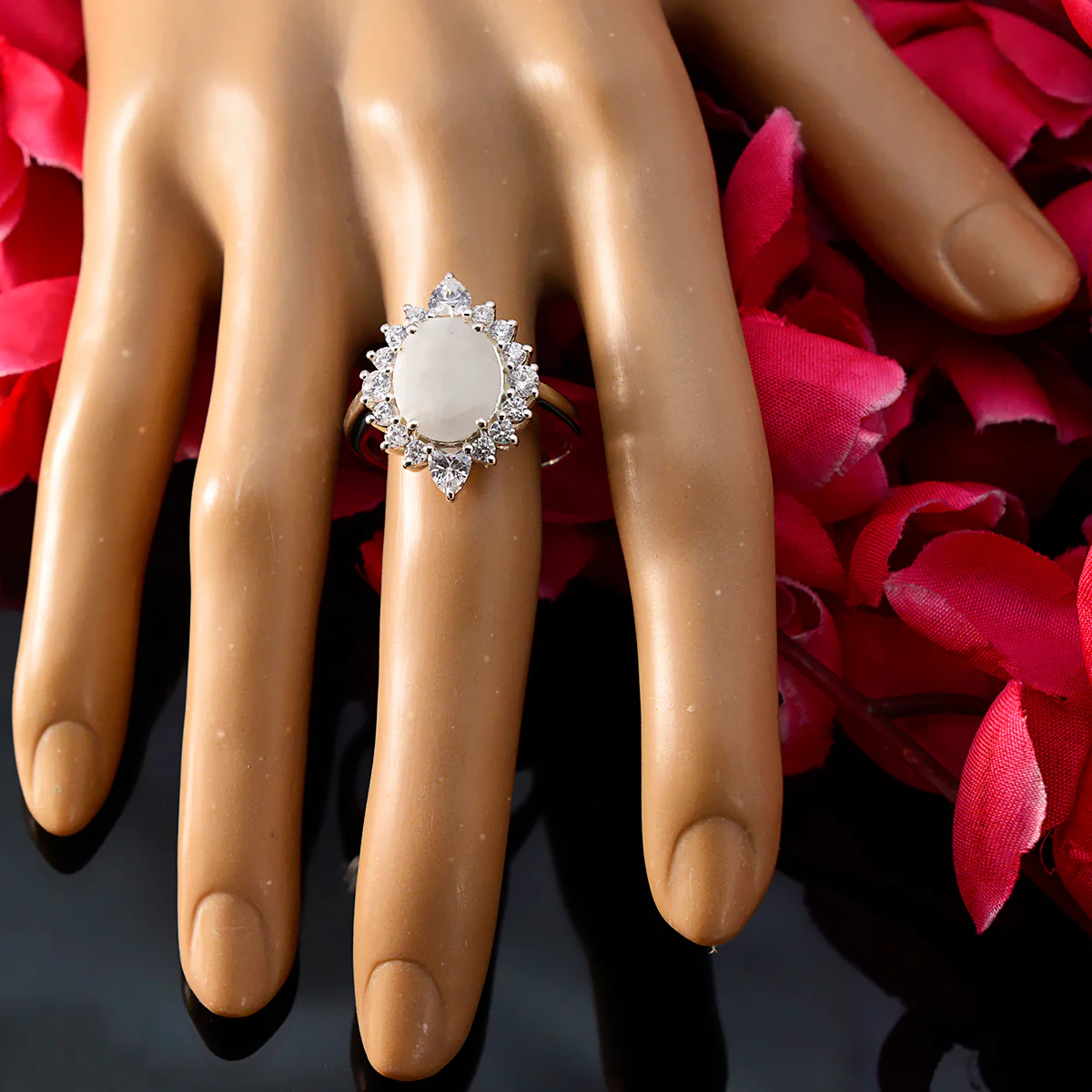 Rainbow Moonstone Halo Egyptian 925 Silver White Gemstone Eye-catching Contemporary Ring Jewellery - Image 5