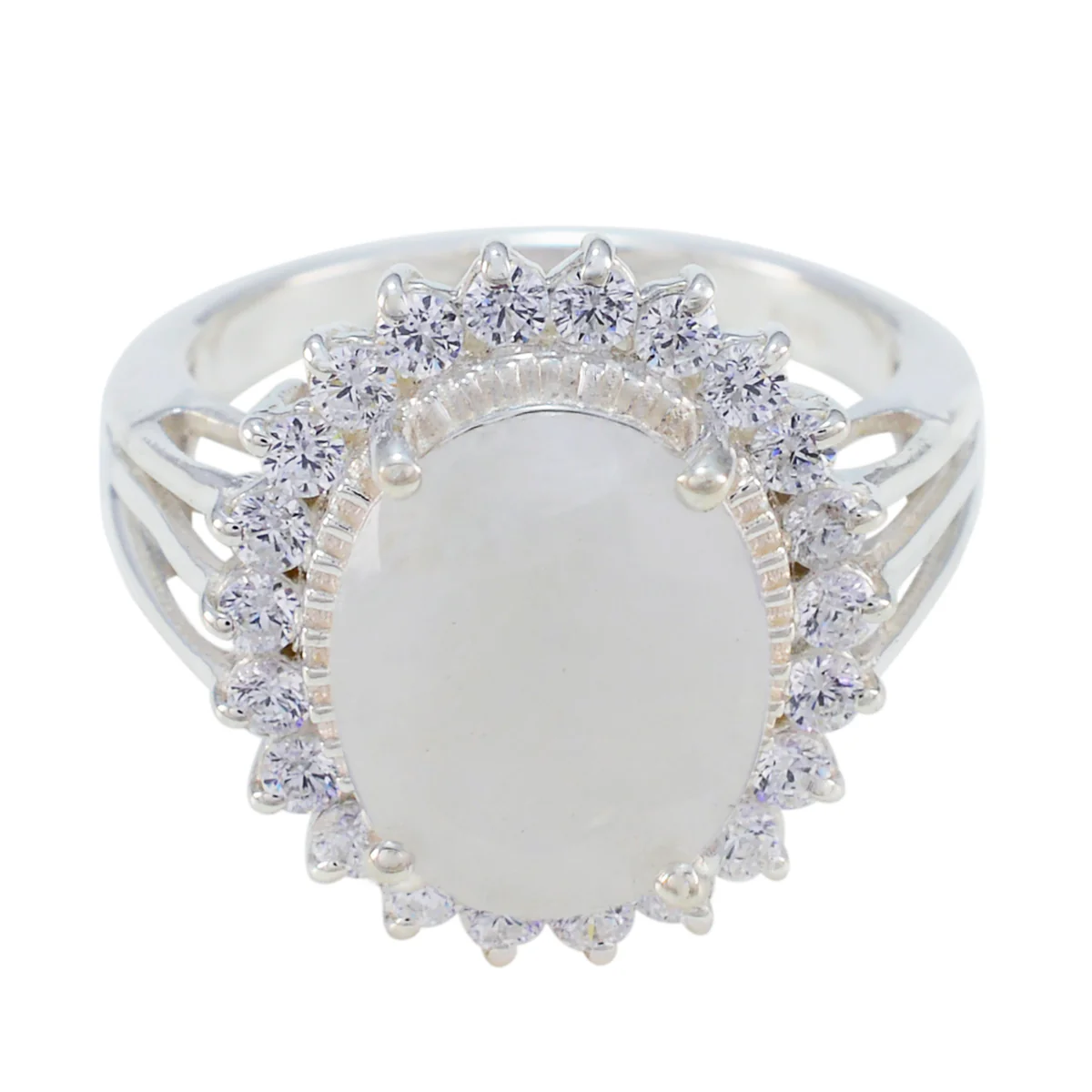 Rainbow Moonstone Halo Russian Sterling Silver White Gemstones Classic Signet Ring Jewelry