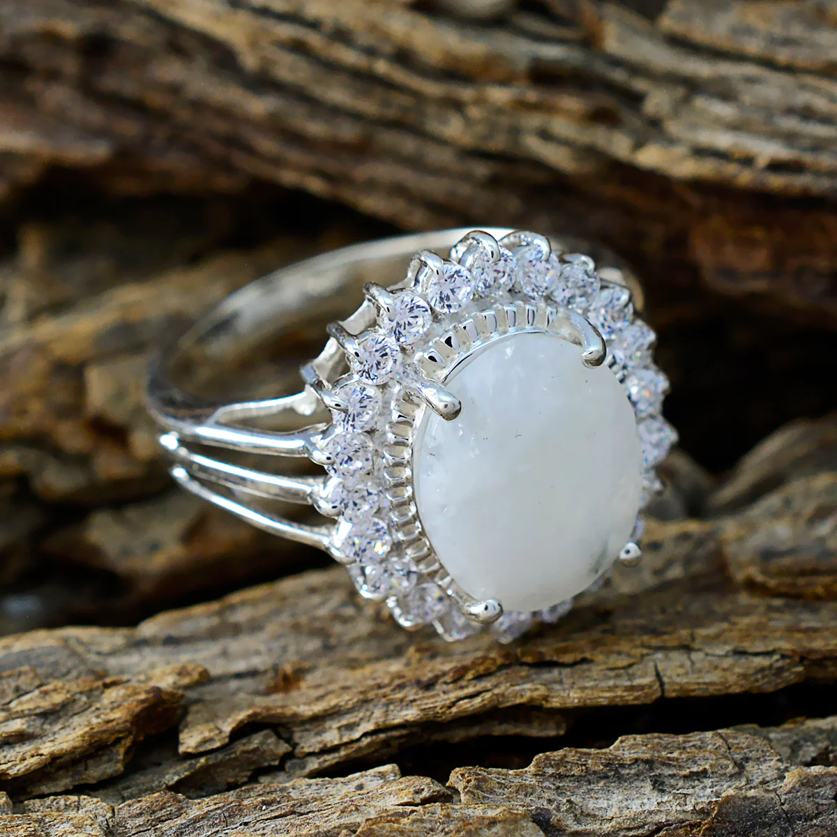 Rainbow Moonstone Halo Russian Sterling Silver White Gemstones Classic Signet Ring Jewelry - Image 3