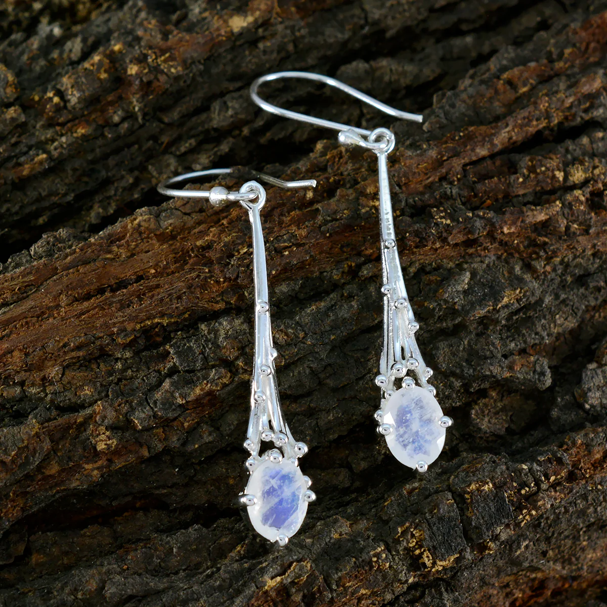 Rainbow Moonstone Italian Alice Solitaire Dangle White 925 Silver Earring - Image 3