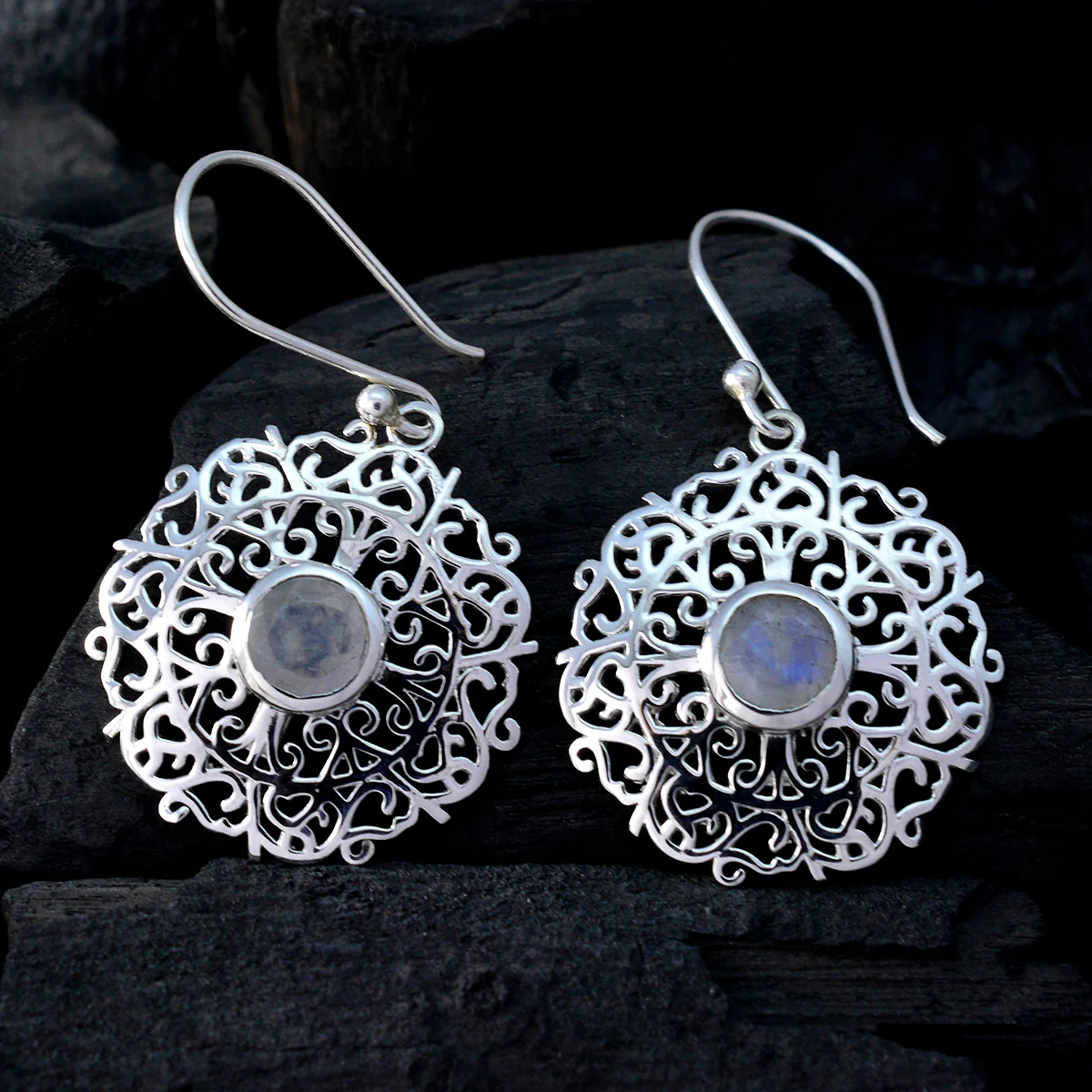 Rainbow Moonstone Latin American Mila Solitaire Dangle White 92.5 Silver Earring - Image 2