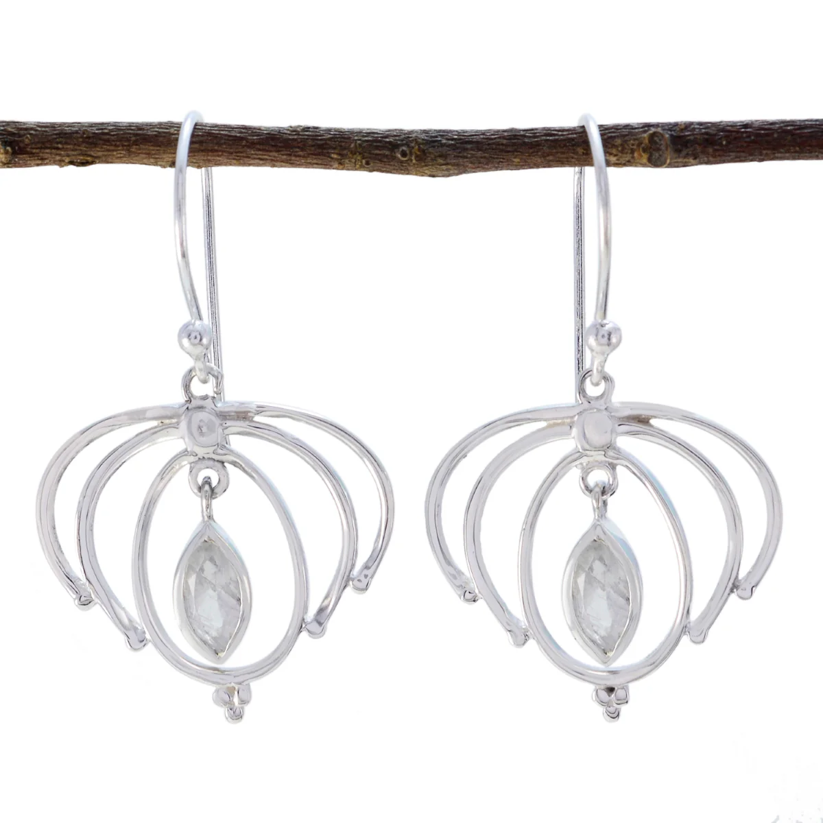 Rainbow Moonstone Mexican Pilar Solitaire Dangle White Silver Earring
