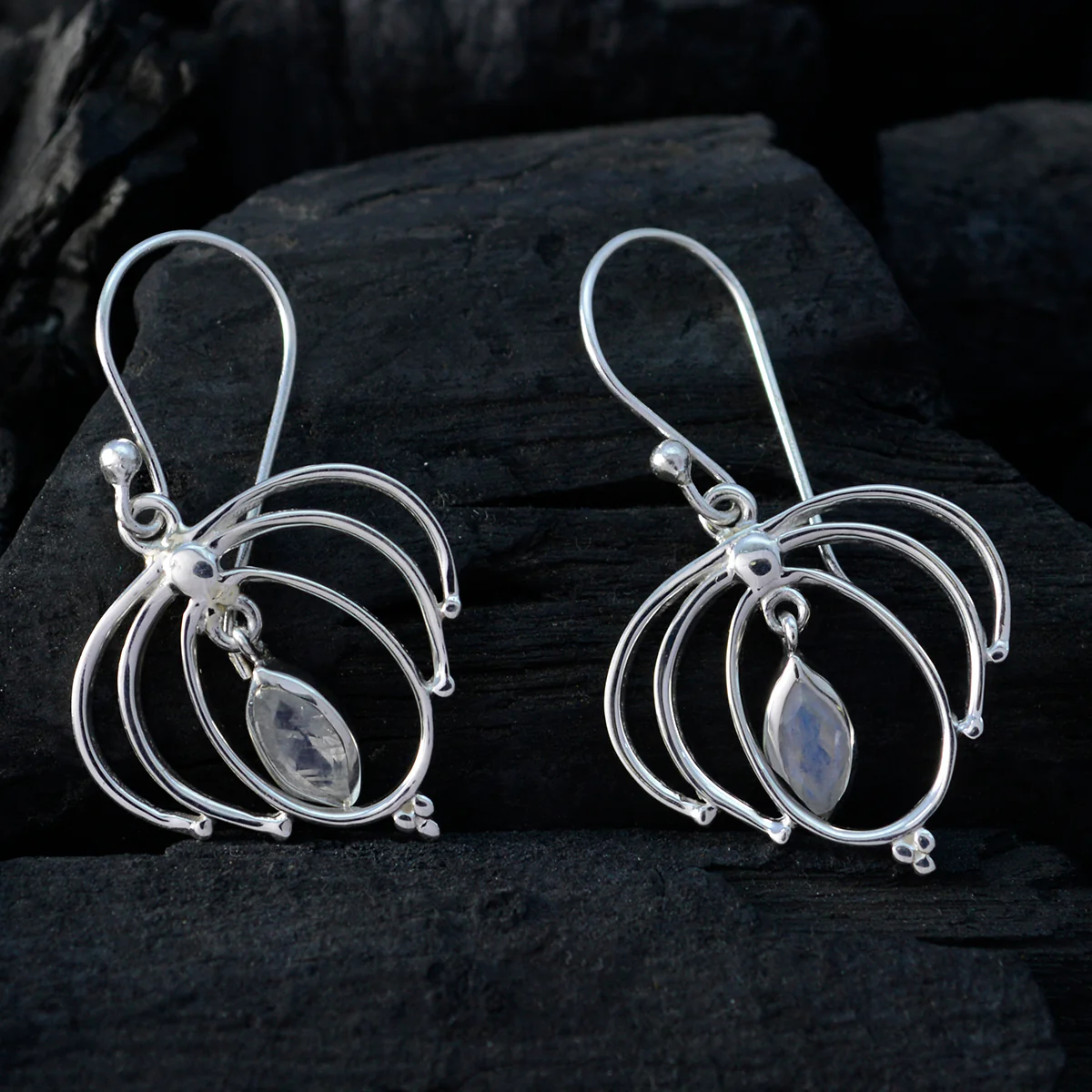 Rainbow Moonstone Mexican Pilar Solitaire Dangle White Silver Earring - Image 2