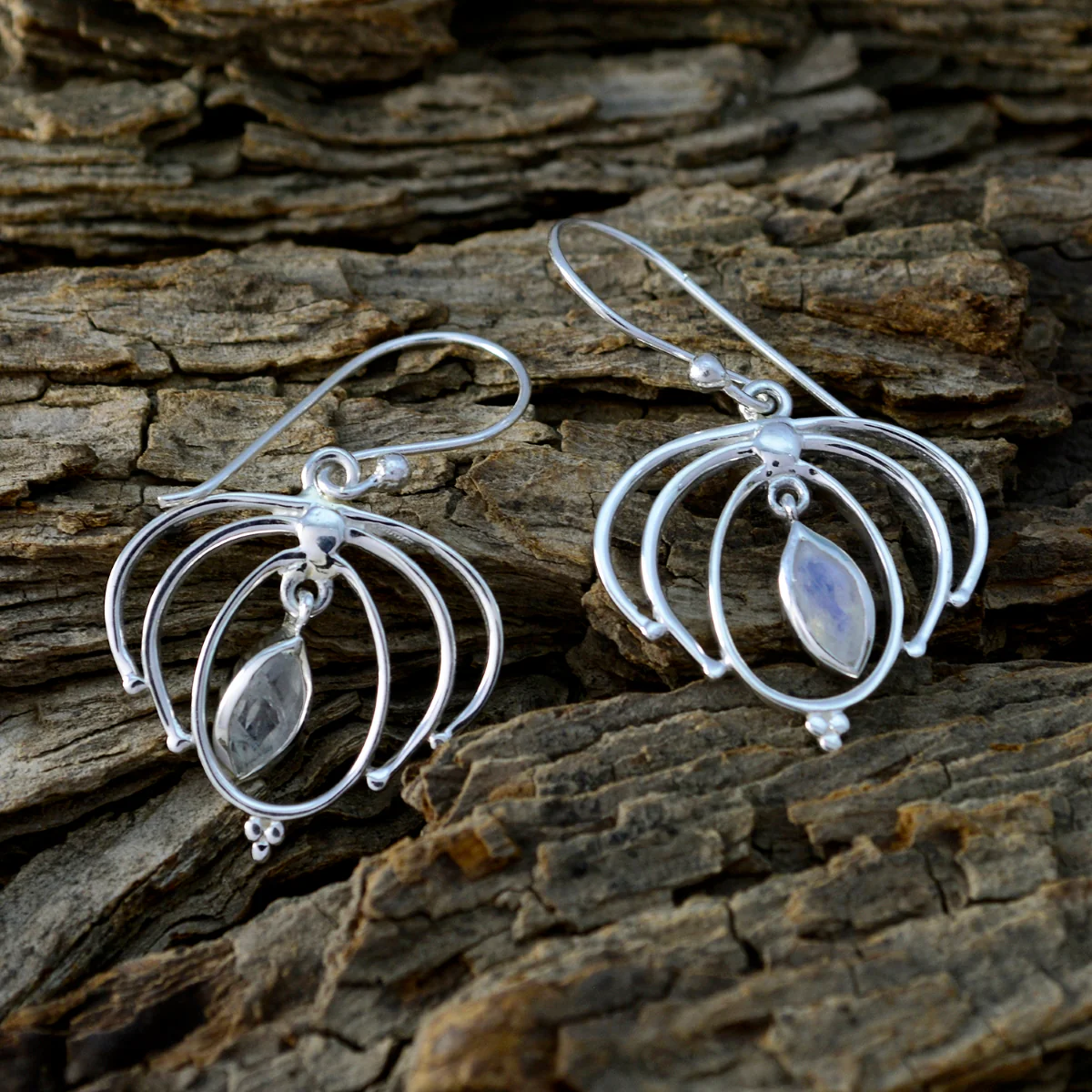 Rainbow Moonstone Mexican Pilar Solitaire Dangle White Silver Earring - Image 3