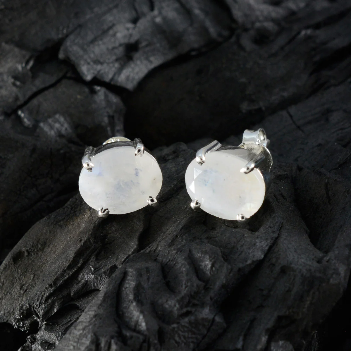 Rainbow Moonstone Middle Eastern Paula Solitaire Stud White Sterling Silver Earring - Image 4