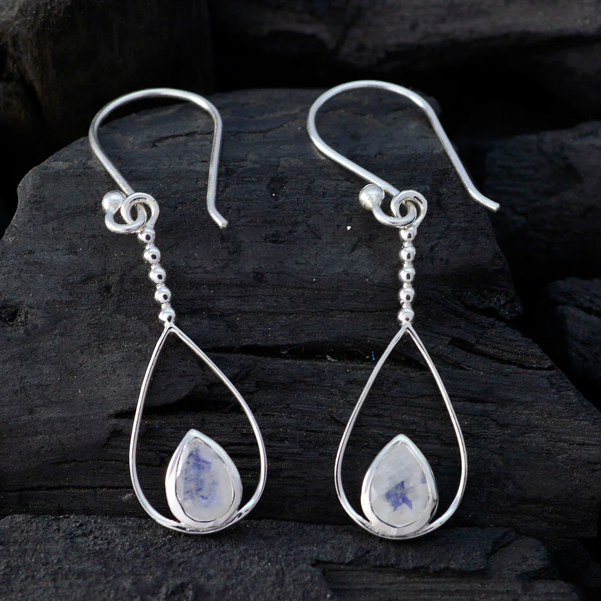 Rainbow Moonstone Moroccan Victoria Solitaire Dangle White 925 Silver Earring - Image 2
