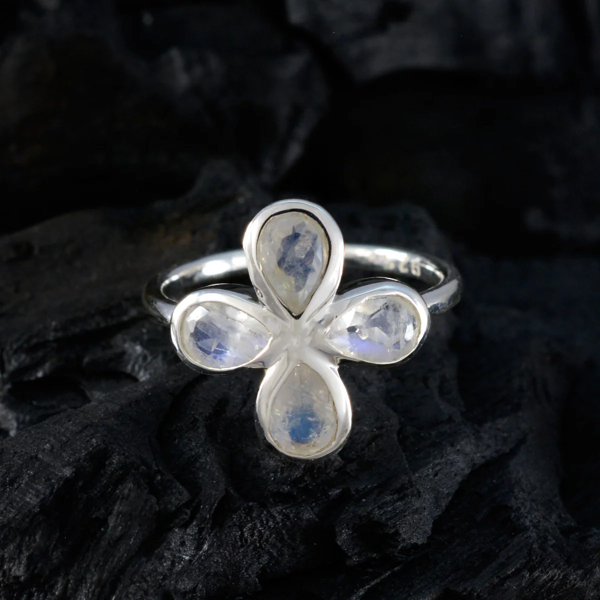 Rainbow Moonstone quarter American 925 Sterling Silver White Gemstones Dainty Floral Ring Jewelry - Image 4