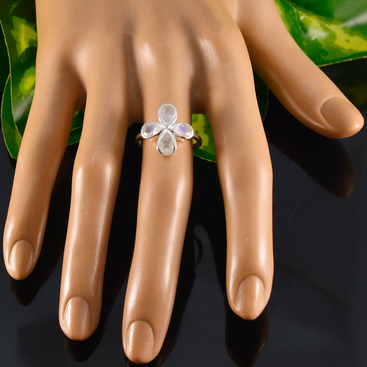 Rainbow Moonstone quarter American 925 Sterling Silver White Gemstones Dainty Floral Ring Jewelry - Image 5