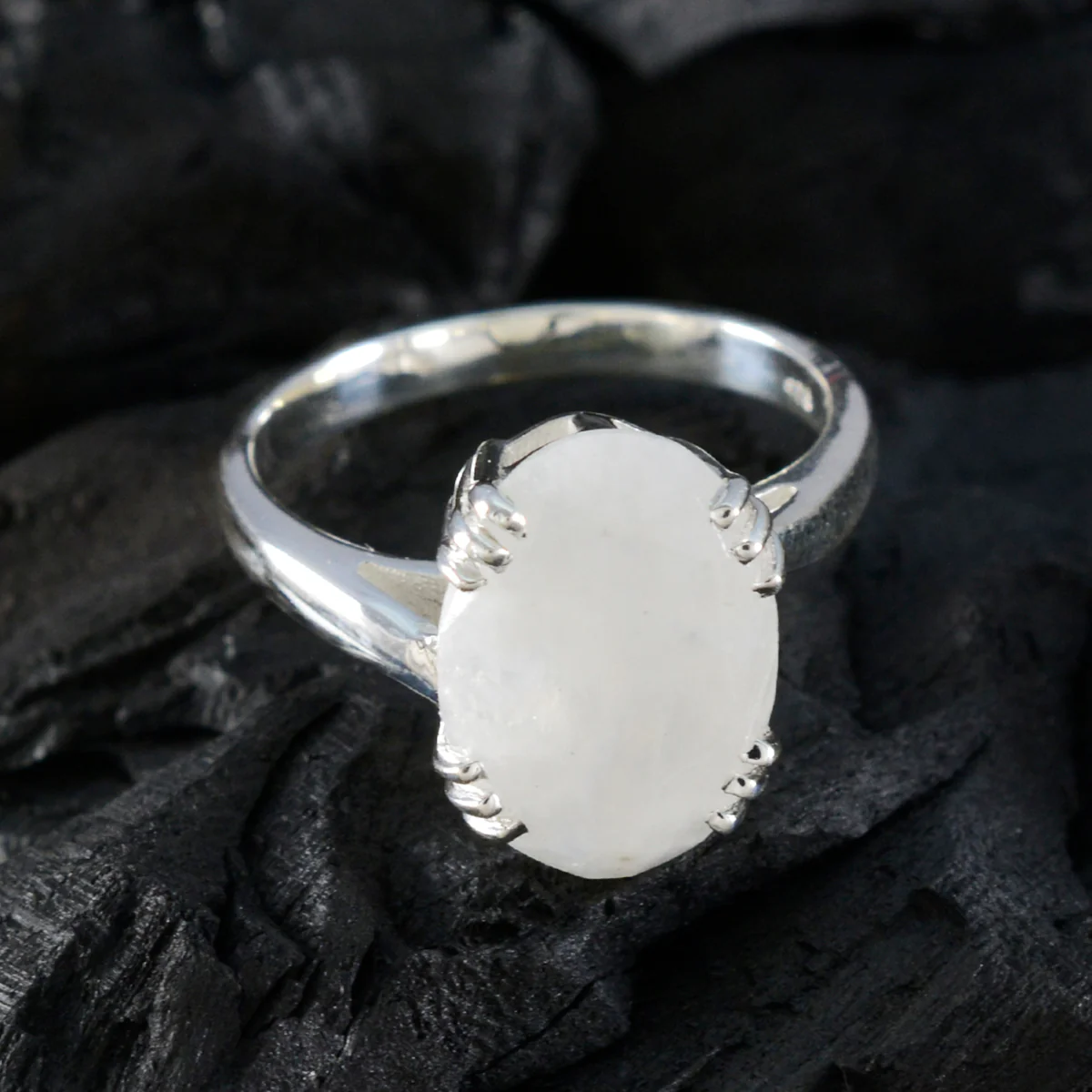 Rainbow Moonstone Solitaire French Silver White Gemstone Tiny Contemporary Ring Jewelry - Image 4
