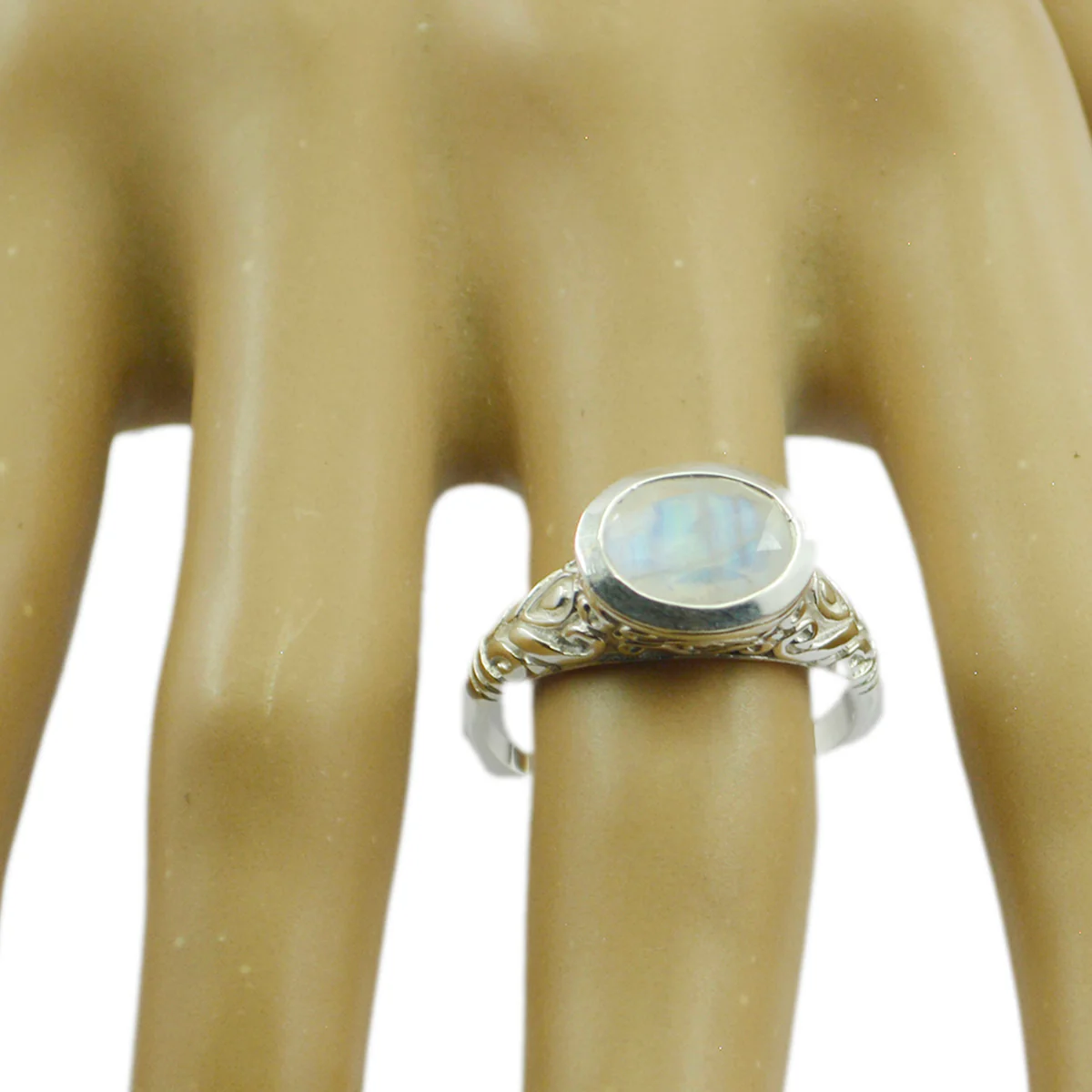 Rainbow Moonstone Solitaire German 925 Silver White Gemstones Minimal Art Deco Ring Jewelry - Image 2