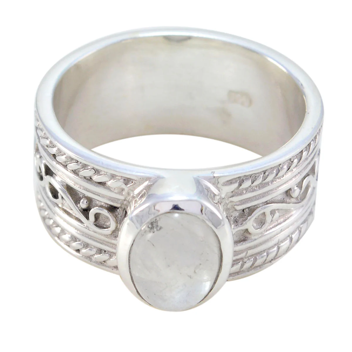 Rainbow Moonstone Solitaire German 925 Sterling Silver White Gems Eye-catching Art Deco Ring Jewelry
