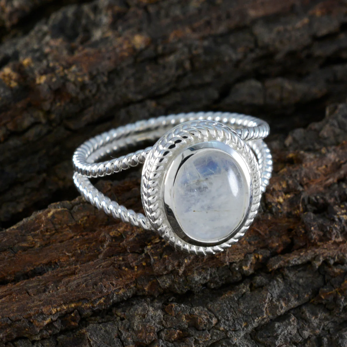Rainbow Moonstone Solitaire Italian Sterling Silver White Gemstones Classic Rope-Wire Ring Jewellery - Image 3
