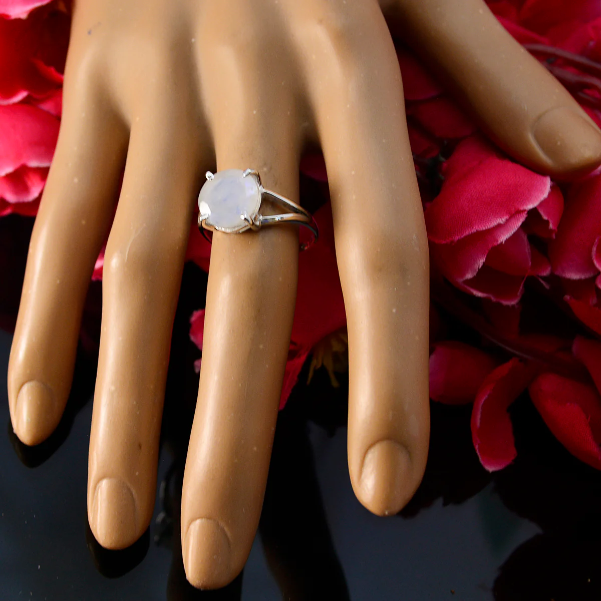 Rainbow Moonstone Solitaire Korean Sterling Silver White Gemstone Whisper-thin Luxurious Ring Jewellery - Image 3