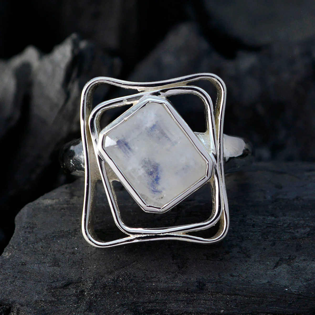 Rainbow Moonstone Solitaire Russian 925 Sterling Silver White Gemstone Mid-weight Signet Ring Jewelry - Image 4