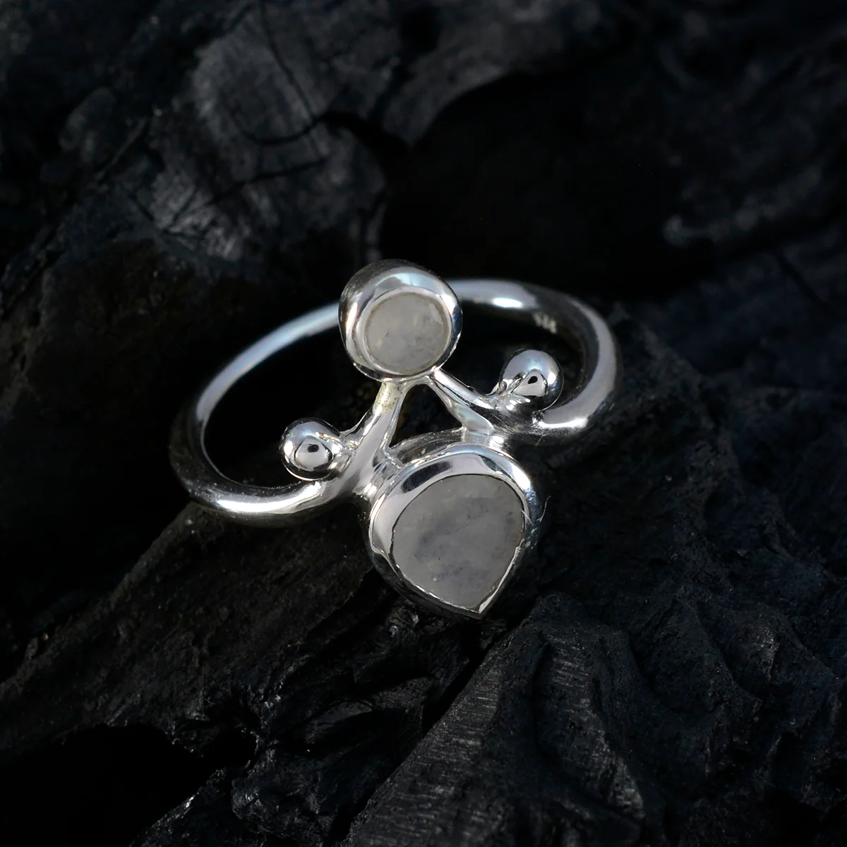 Rainbow Moonstone Toi et Moi Indian Silver White Gems Tiny Sophisticated Ring Jewelry - Image 4