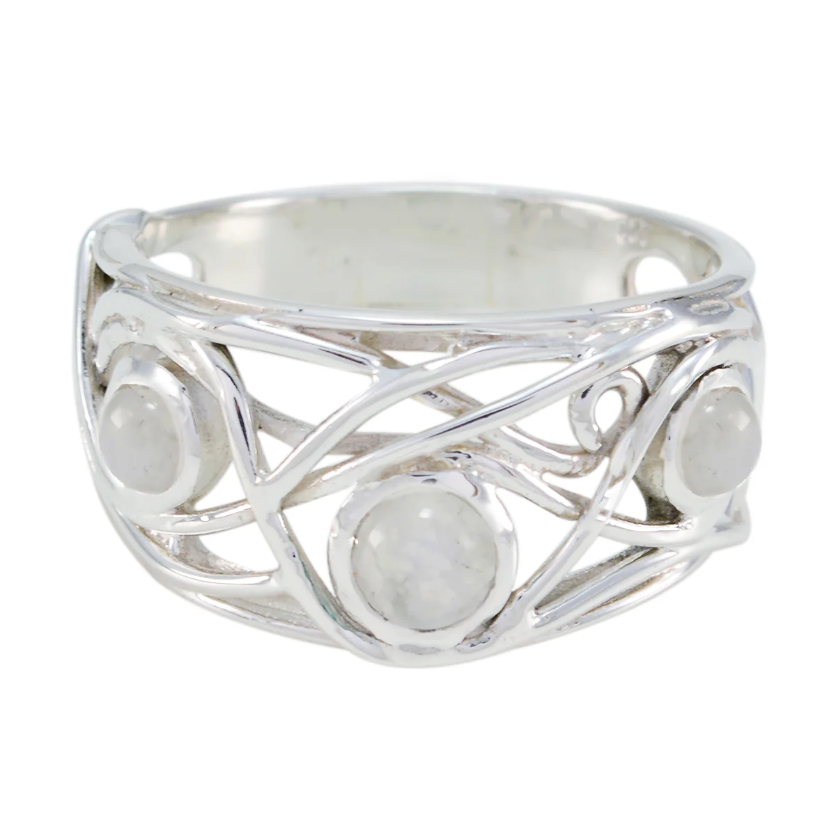Rainbow Moonstone Trilogy French 925 Sterling Silver White Gems Mid-weight Sophisticated Ring Jewelry - Image 3