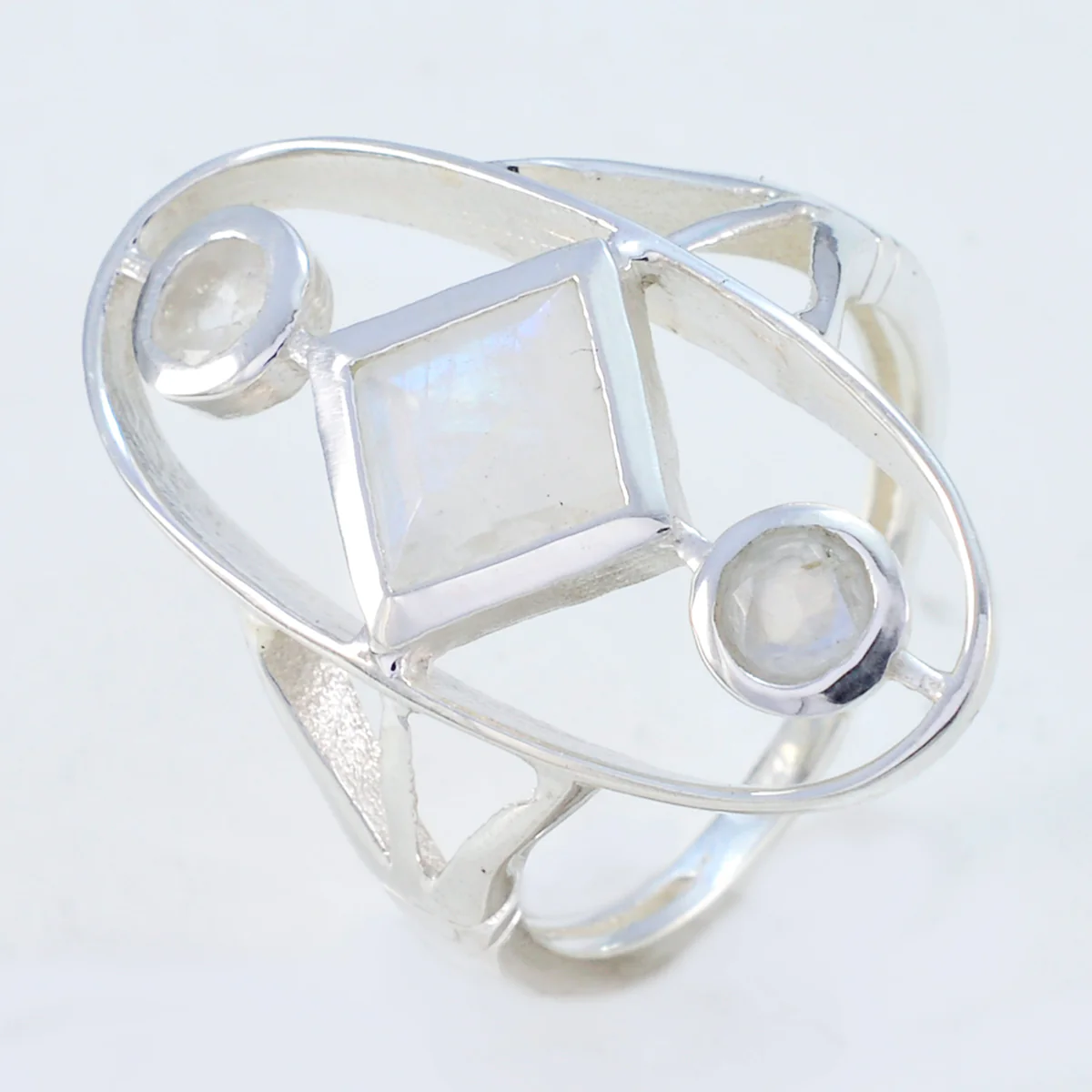 Rainbow Moonstone Trilogy French 925 Sterling Silver White Gemstones Slim Contemporary Ring Jewellery - Image 2