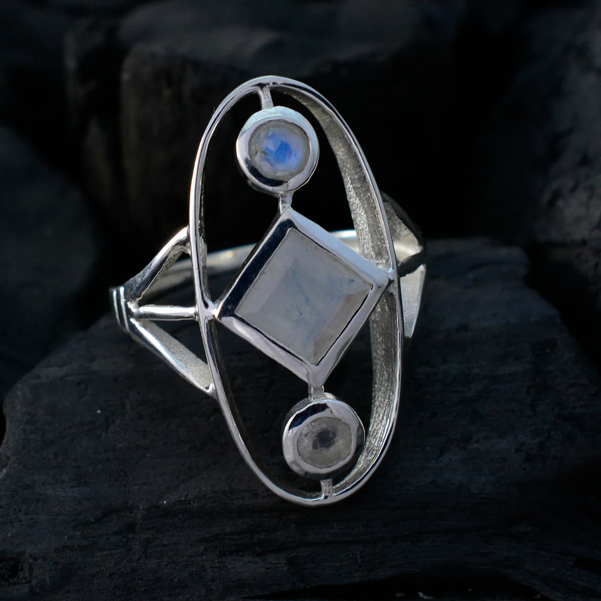 Rainbow Moonstone Trilogy French 925 Sterling Silver White Gemstones Slim Contemporary Ring Jewellery - Image 4